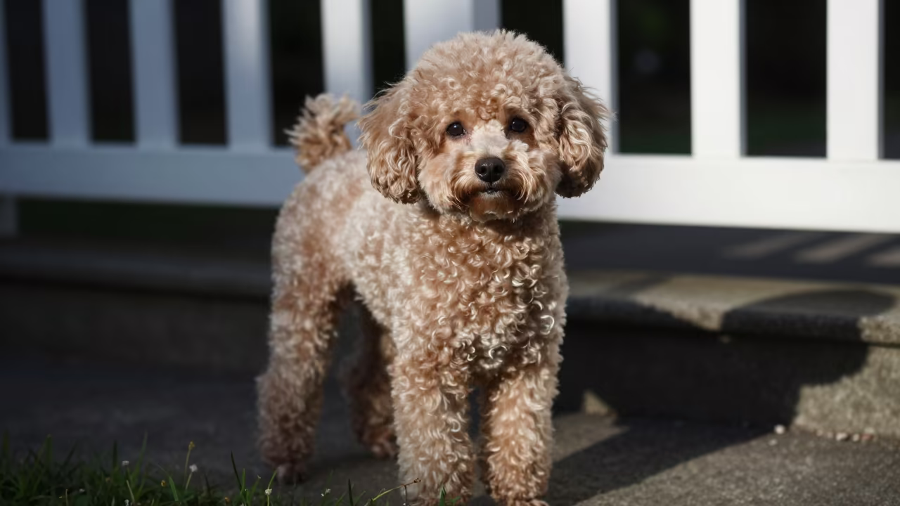 Teacup Poodle Portrait Morning Light Dessie in near a garden edge with soft morning light and an uncluttered background near Dessie