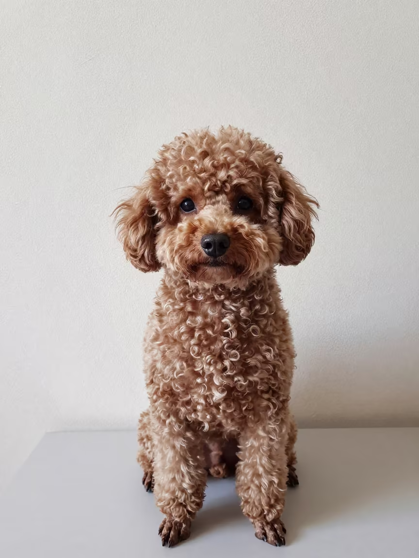 Teacup Poodle Portrait Near Almaty Wall in beside a plain plaster wall in soft indoor light with the animal centered in frame near Almaty