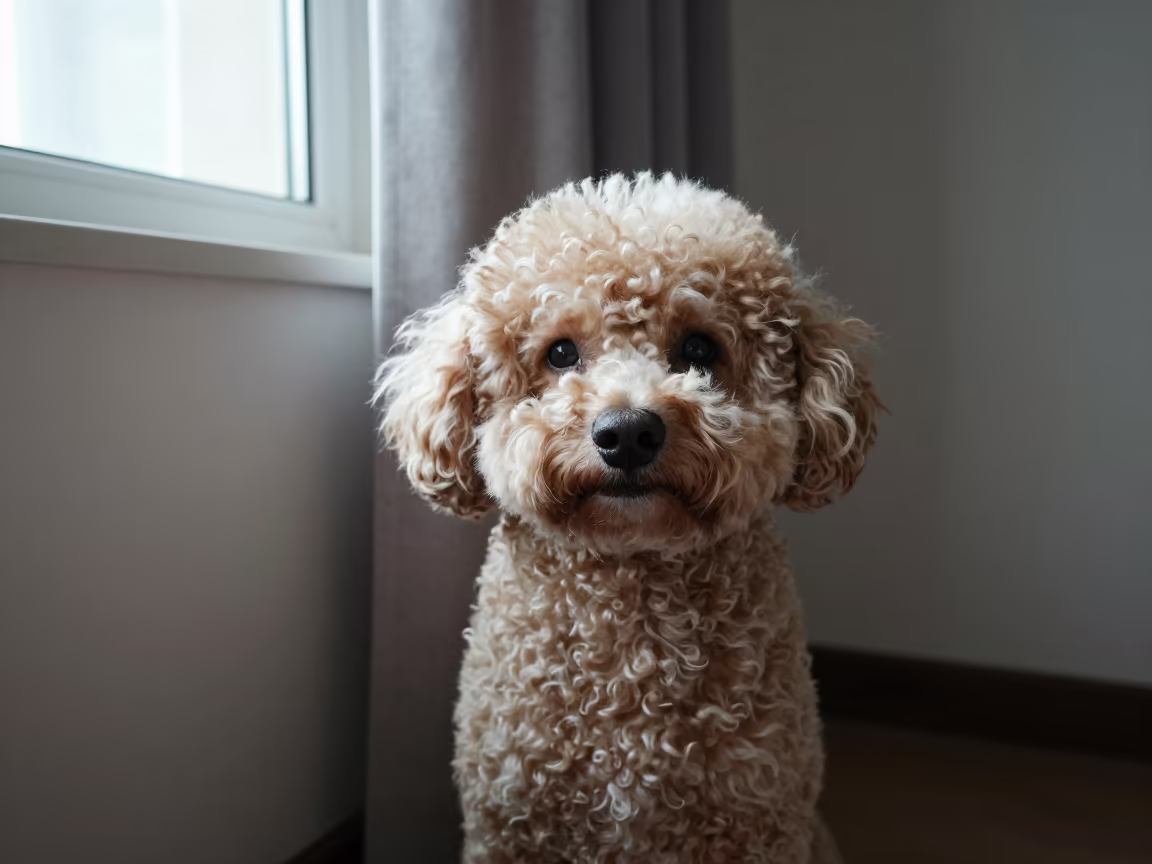 Teacup Poodle Portrait Near Curtained Window in on a sofa near a curtained window with calm indoor light in Anyang