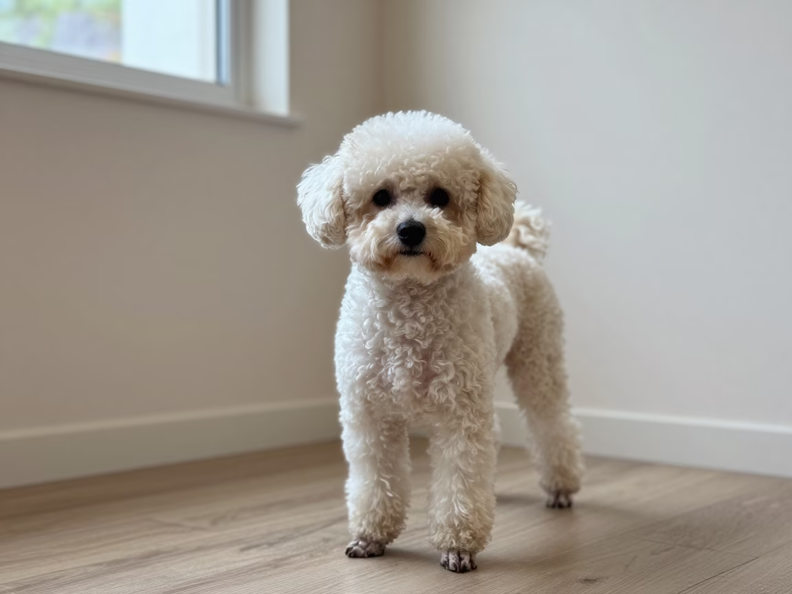 Teacup Poodle Portrait Near Formosa Wall in beside a plain plaster wall in soft indoor light with the animal centered in frame near Formosa