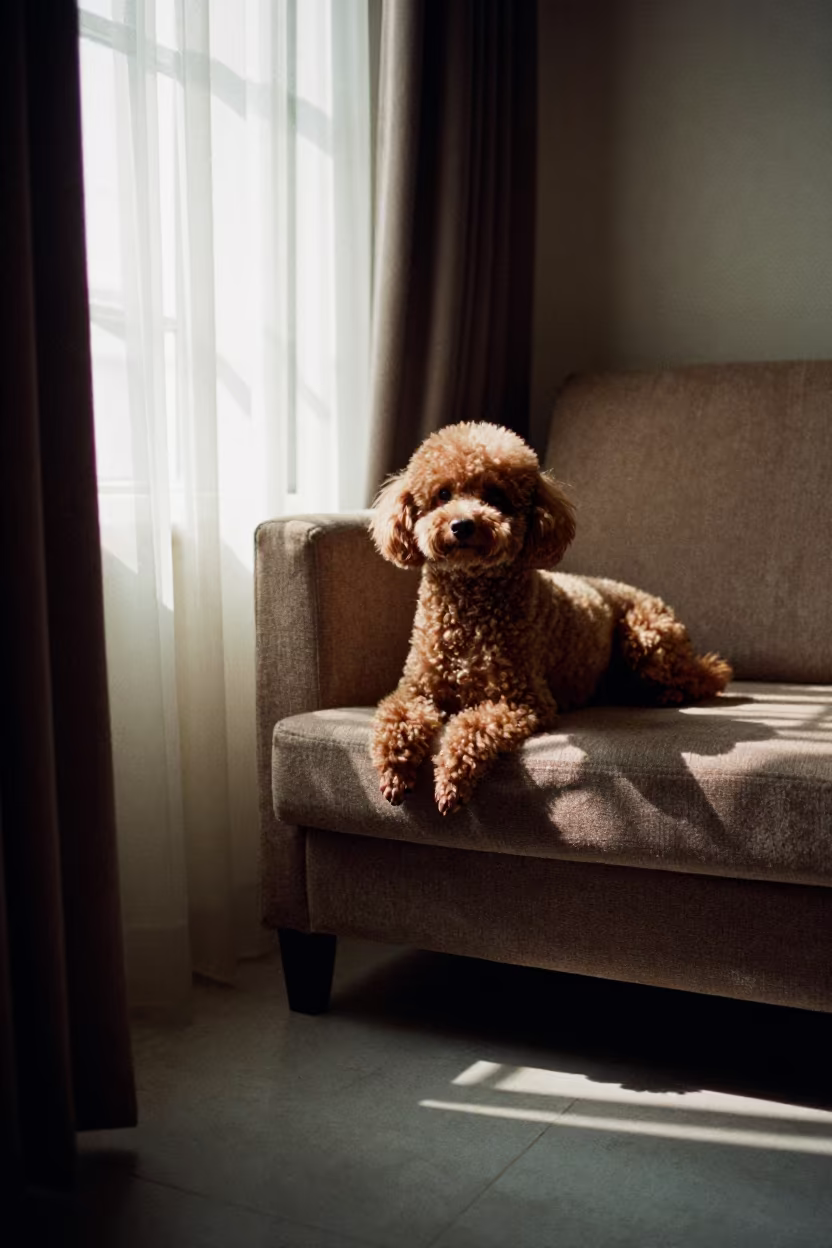 Teacup Poodle Portrait Near Ho Chi Minh Window in on a sofa near a curtained window with calm indoor light in Ho Chi Minh City