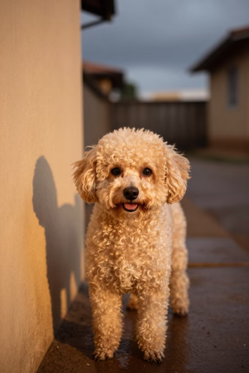 Teacup Poodle Portrait Near Kibera Wall in beside a plain courtyard wall in clear daylight with the animal at eye level near Kibera, Nairobi