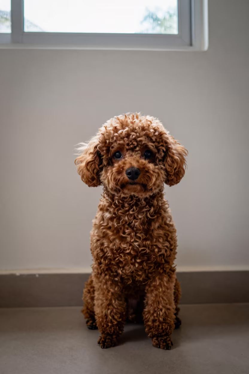 Teacup Poodle Portrait Near Plain Wall in Soft Light in beside a plain plaster wall in soft indoor light with the animal centered in frame near Maceio