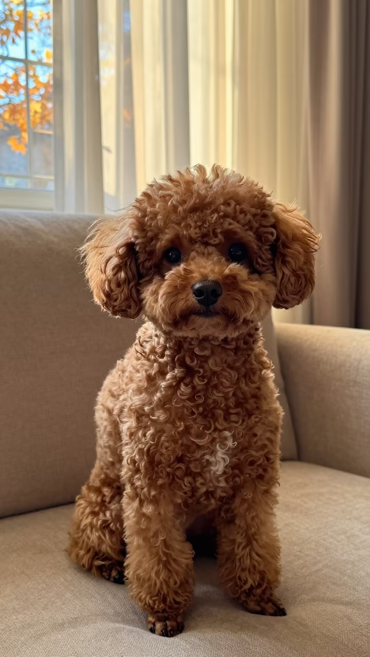 Teacup Poodle Portrait Near Sendai Window in on a sofa near a curtained window with calm indoor light in Sendai