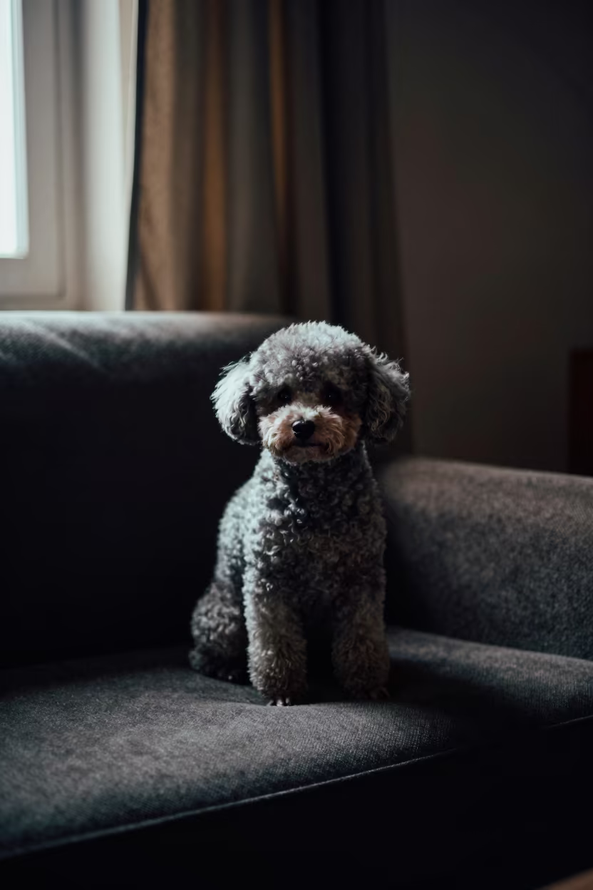 Teacup Poodle Portrait Near Window in Jaunpur in on a sofa near a curtained window with calm indoor light in Jaunpur