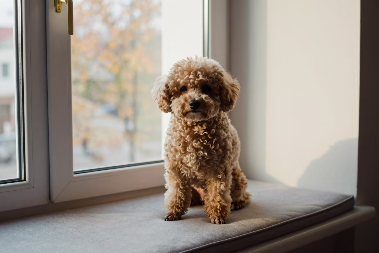 Teacup Poodle Portrait on Almaty Window Seat in on a cushioned window seat with soft side light and an uncluttered background in Almaty