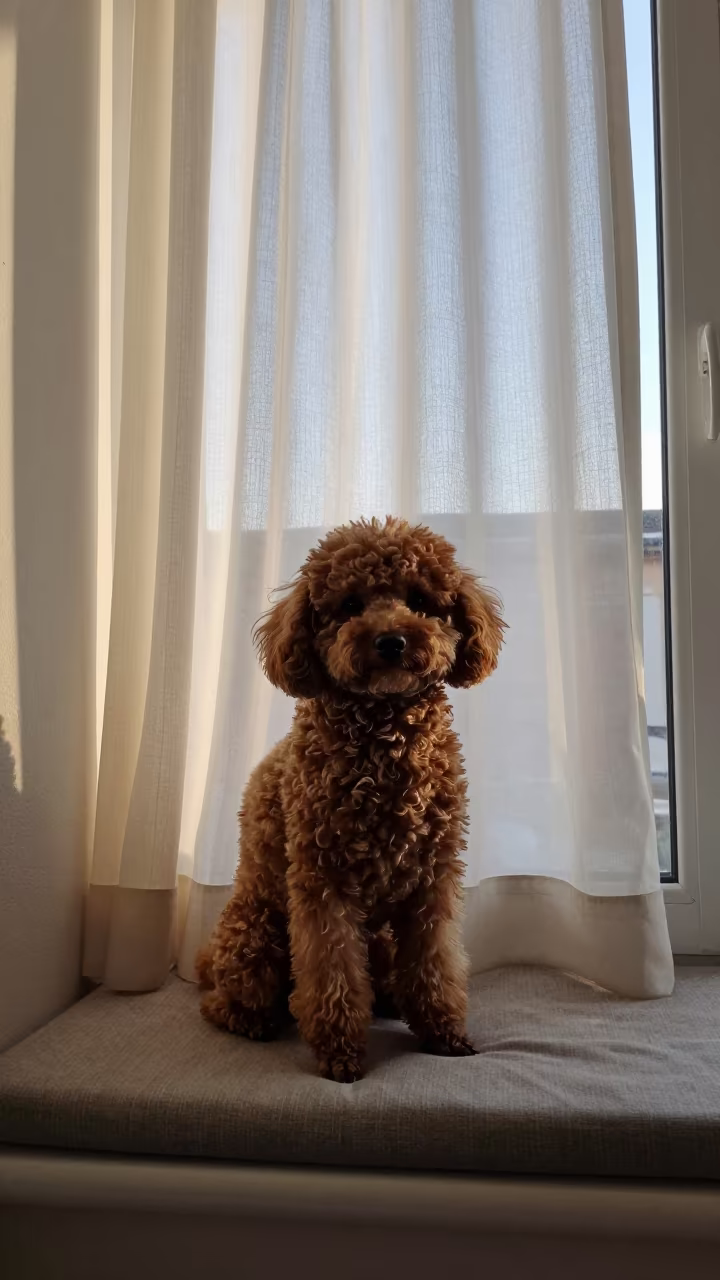 Teacup Poodle Portrait on Athens Window Seat in on a cushioned window seat with soft side light and an uncluttered background in Athens