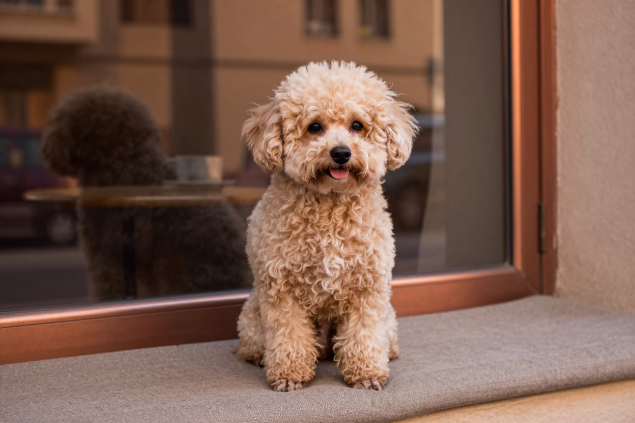 Teacup Poodle Portrait on Cairo Window Seat in on a cushioned window seat with soft side light and an uncluttered background in Cairo