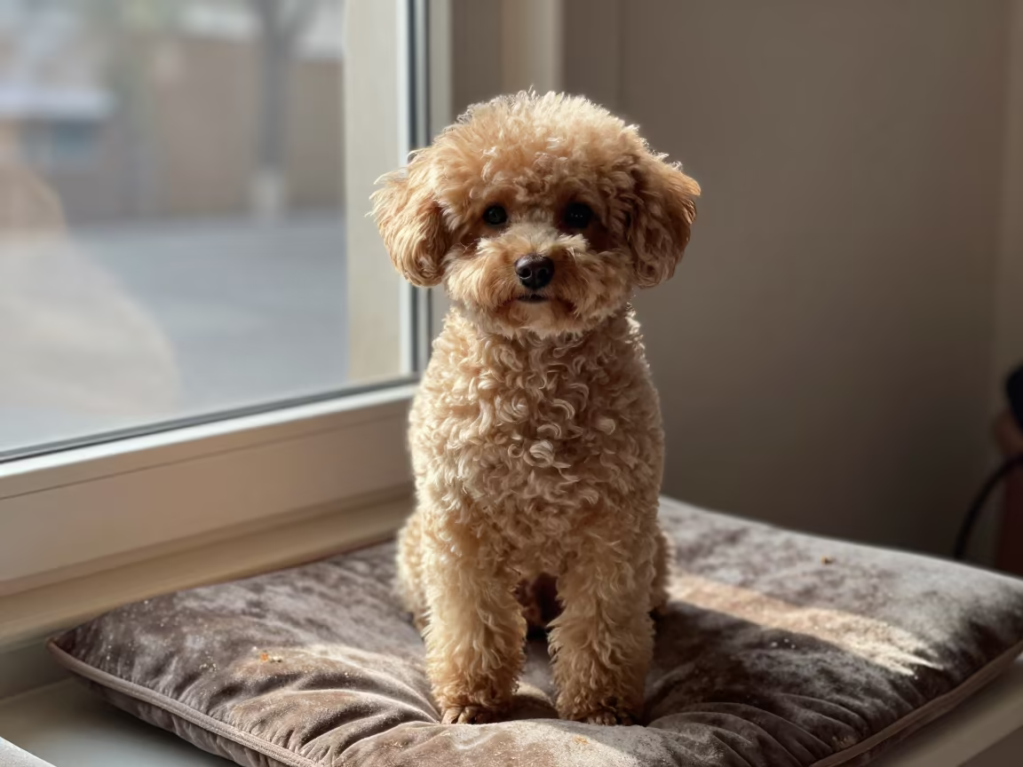 Teacup Poodle Portrait on Delhi Window Seat in on a cushioned window seat with soft side light and an uncluttered background in Delhi