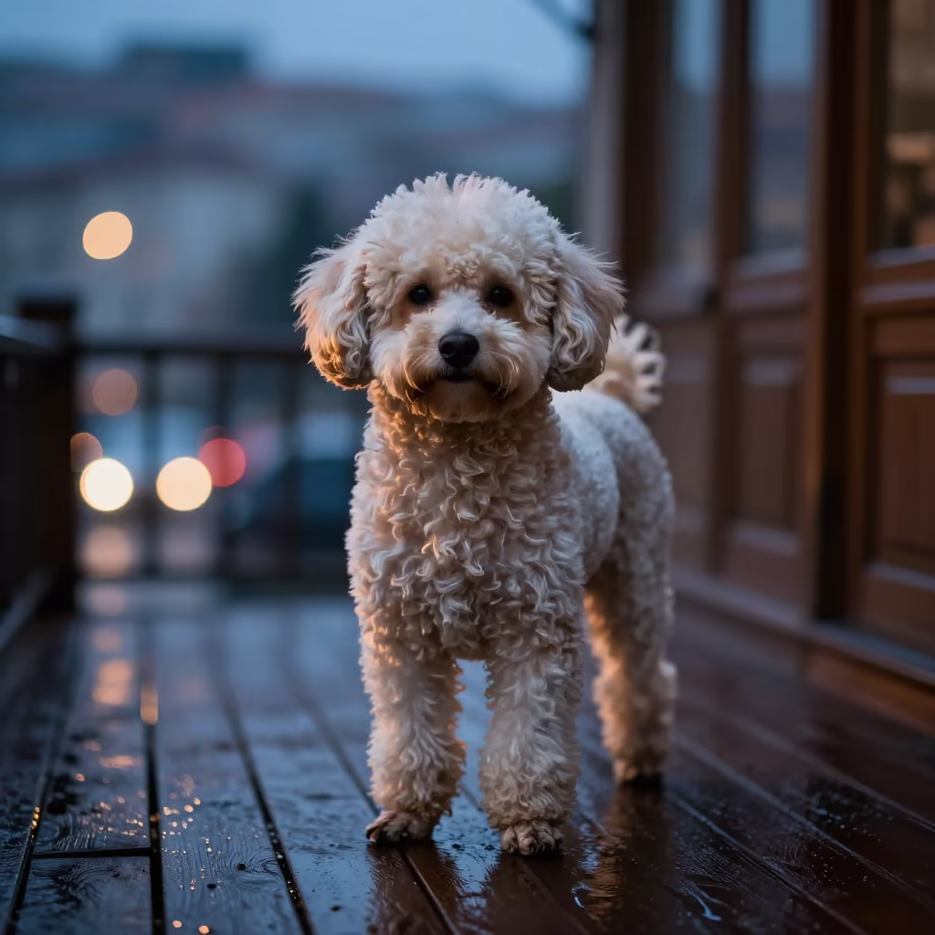 Teacup Poodle Portrait on Gaziantep Porch in on a shaded front porch with boards, railings, and eye-level framing in Gaziantep