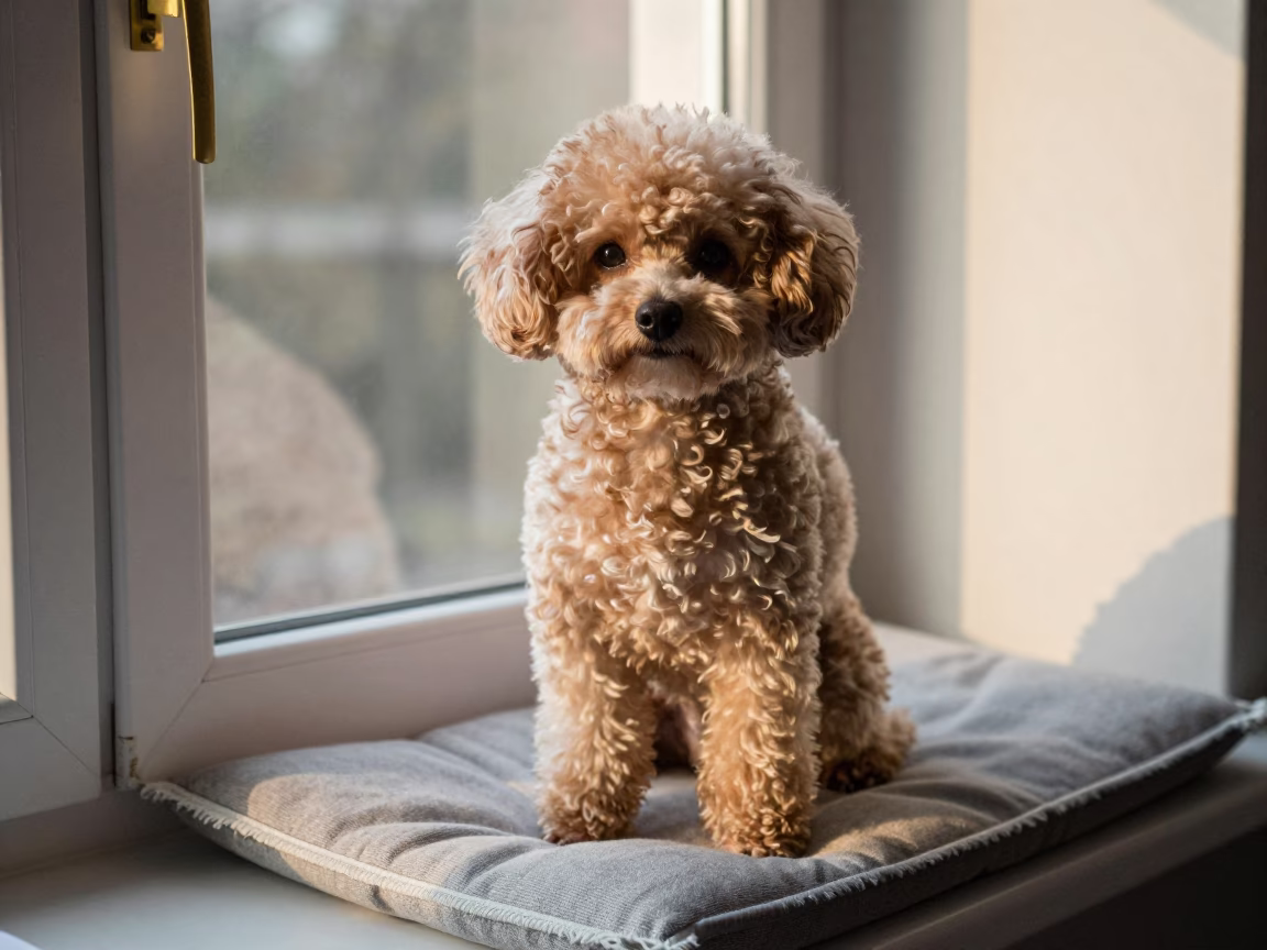 Teacup Poodle Portrait on Kitwe Window Seat in on a cushioned window seat with soft side light and an uncluttered background in Kitwe