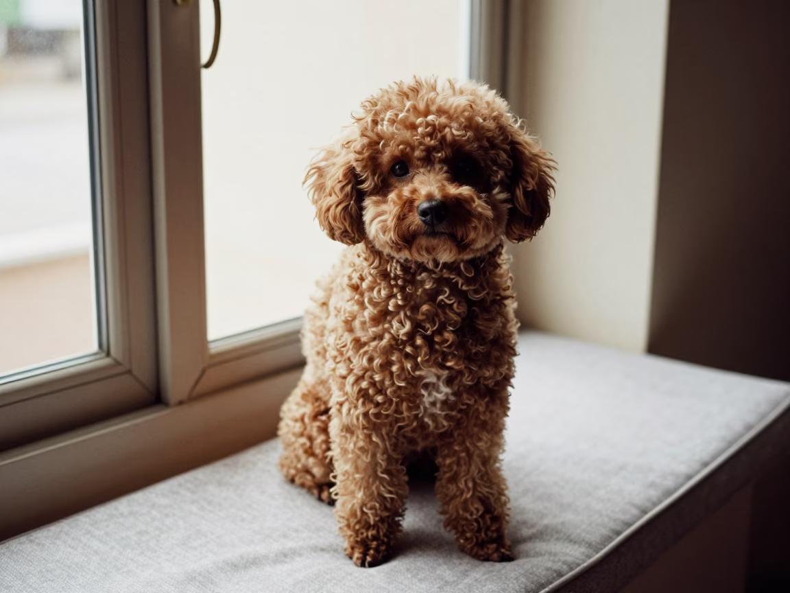 Teacup Poodle Portrait on Lagos Window Seat in on a cushioned window seat with soft side light and an uncluttered background in Lagos