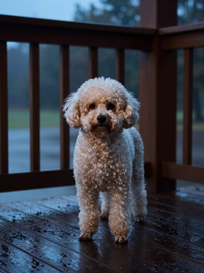 Teacup Poodle Portrait on Mekelle Porch in on a shaded front porch with boards, railings, and eye-level framing in Mekelle