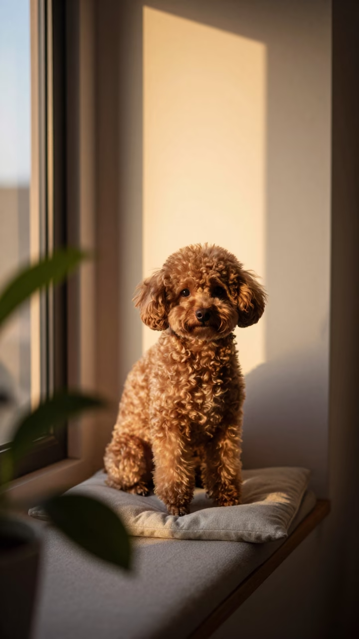 Teacup Poodle Portrait on Nairobi Window Seat in on a cushioned window seat with soft side light and an uncluttered background in Nairobi