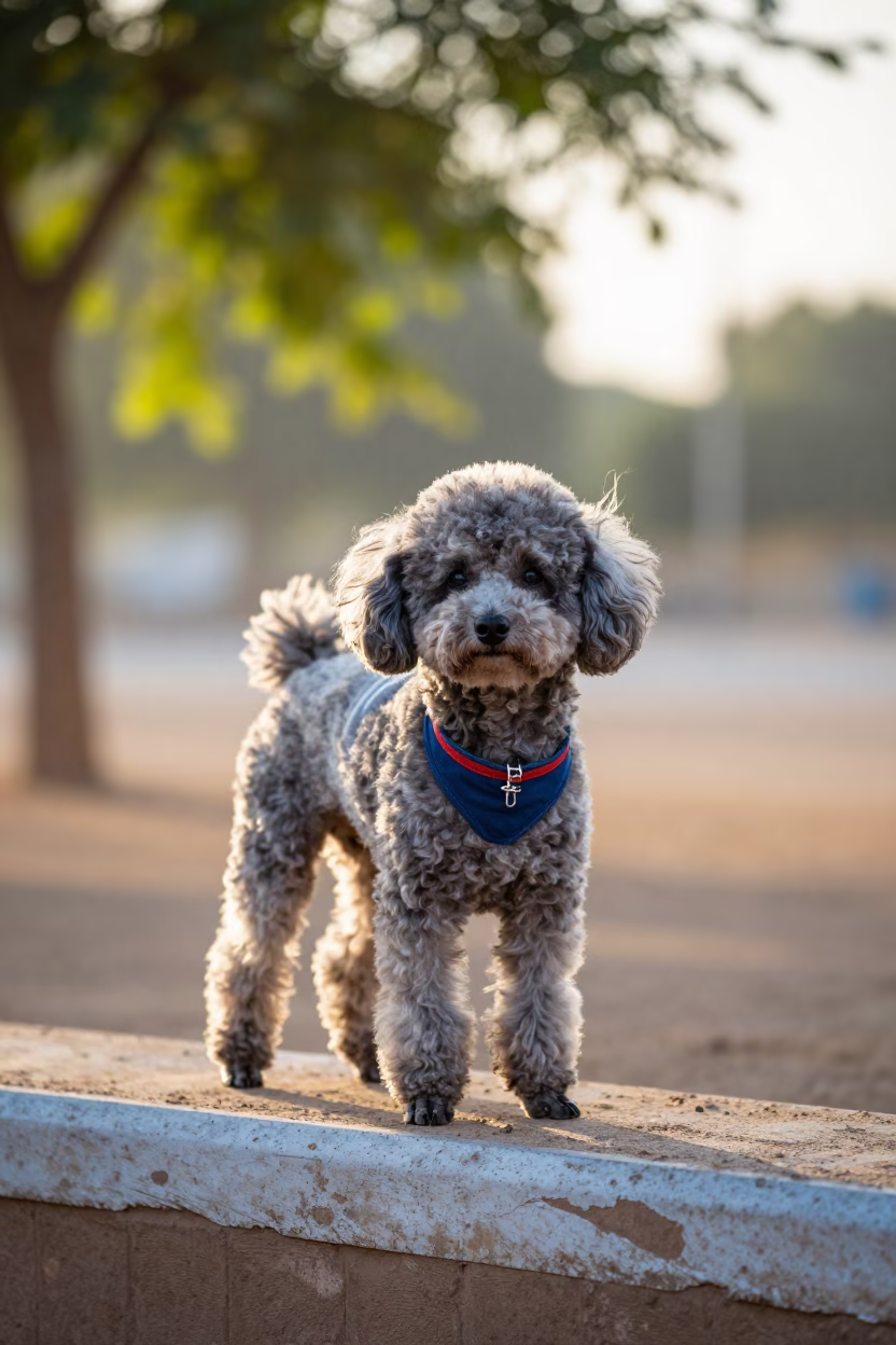 Teacup Poodle Portrait on Niamey Park Path in along a quiet park path with soft open shade and a clean background in Niamey