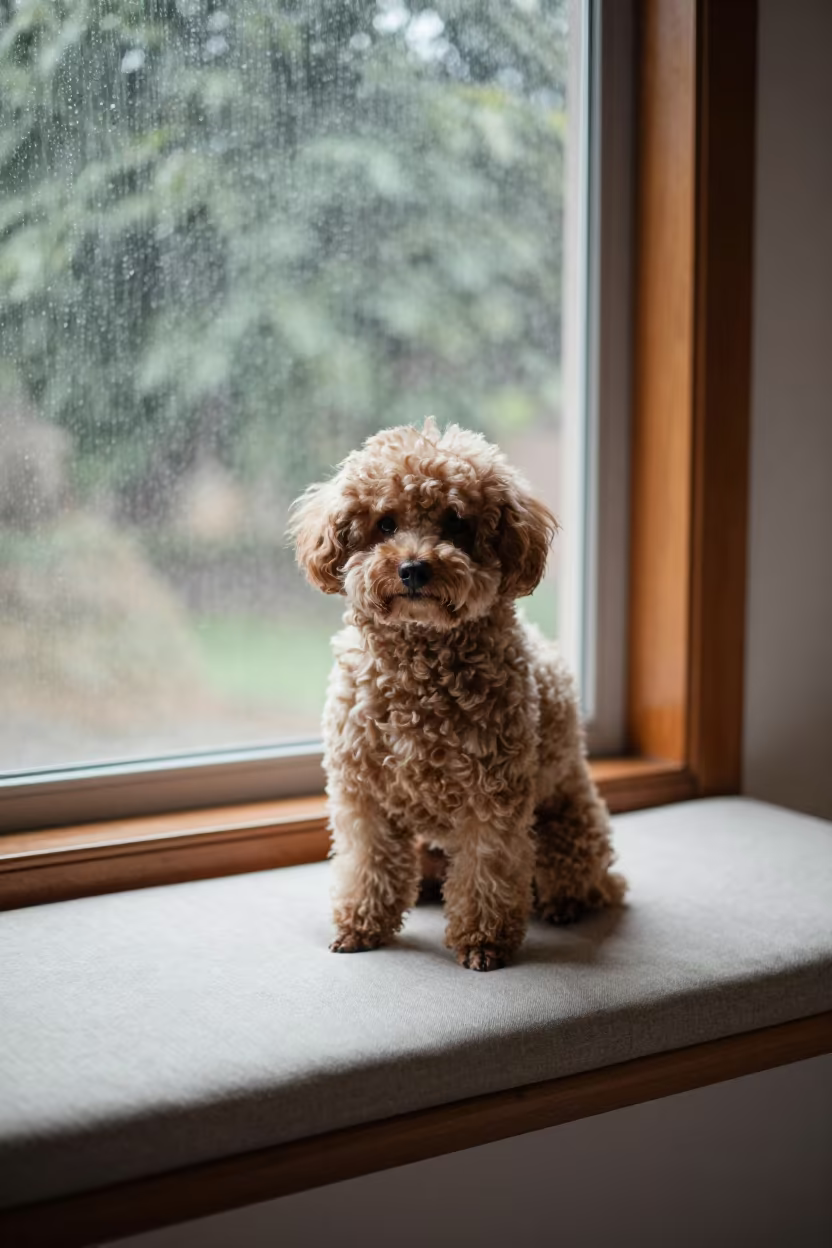 Teacup Poodle Portrait on Nizamabad Window Seat in on a cushioned window seat with soft side light and an uncluttered background in Nizamabad