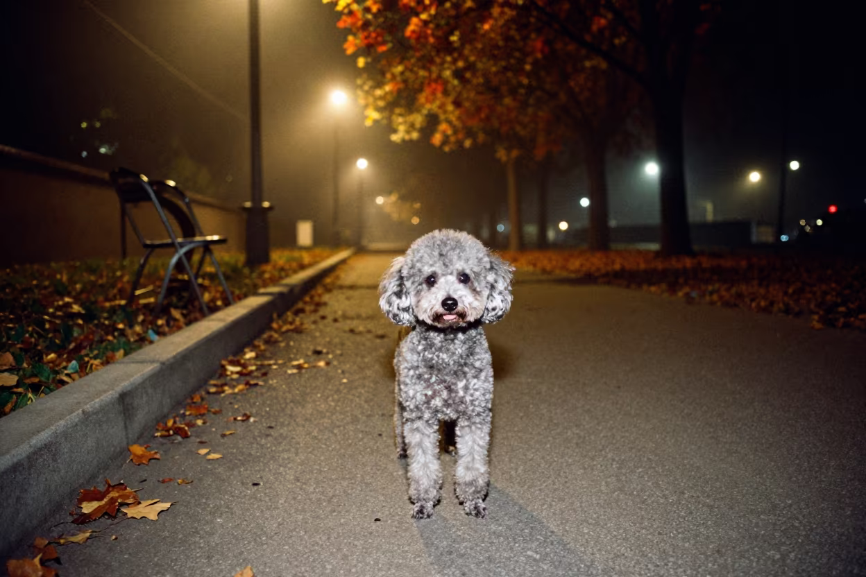 Teacup Poodle Portrait on Park Path at Night in along a quiet park path with soft open shade and a clean background near Jaramana