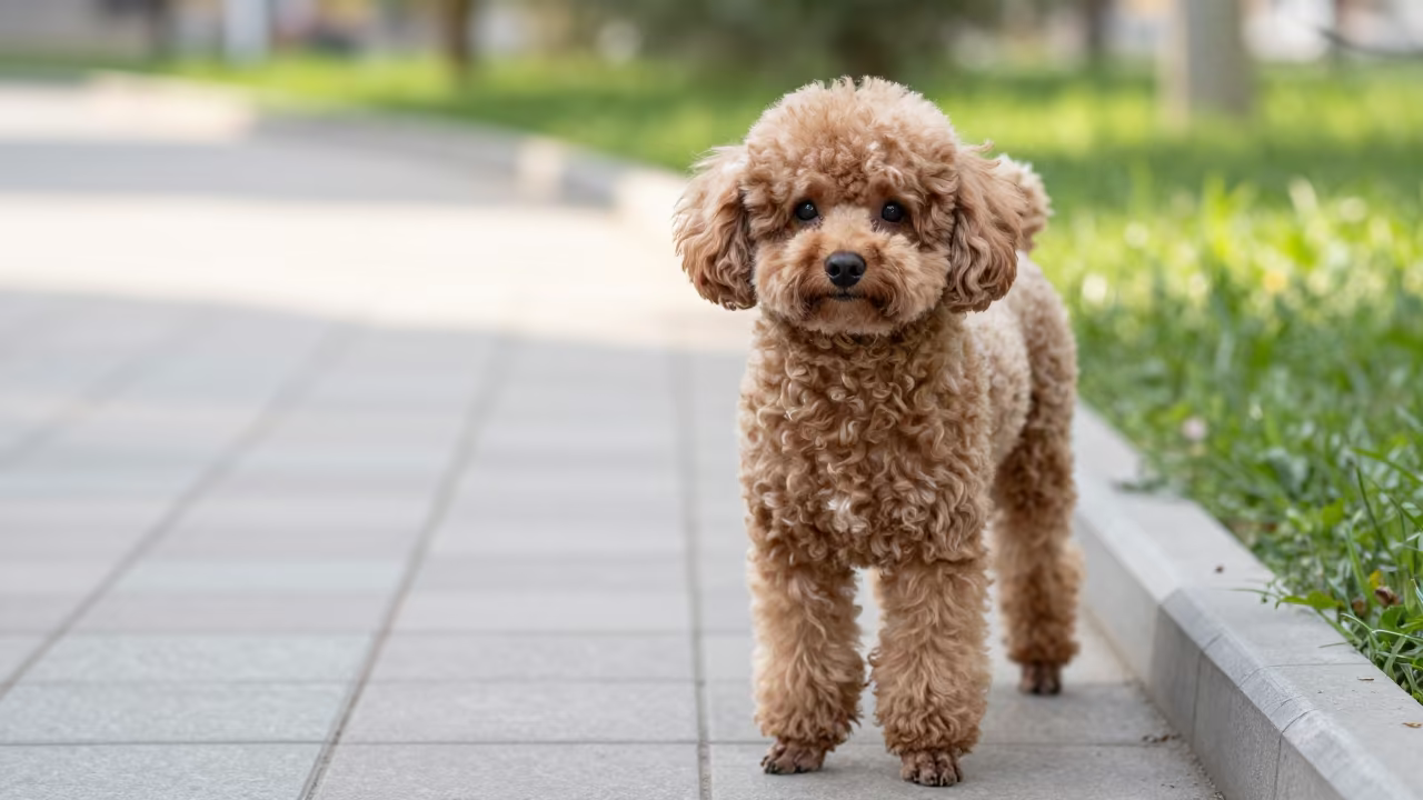 Teacup Poodle Portrait on Quiet Park Path in along a quiet park path with soft open shade and a clean background near Ulaanbaatar