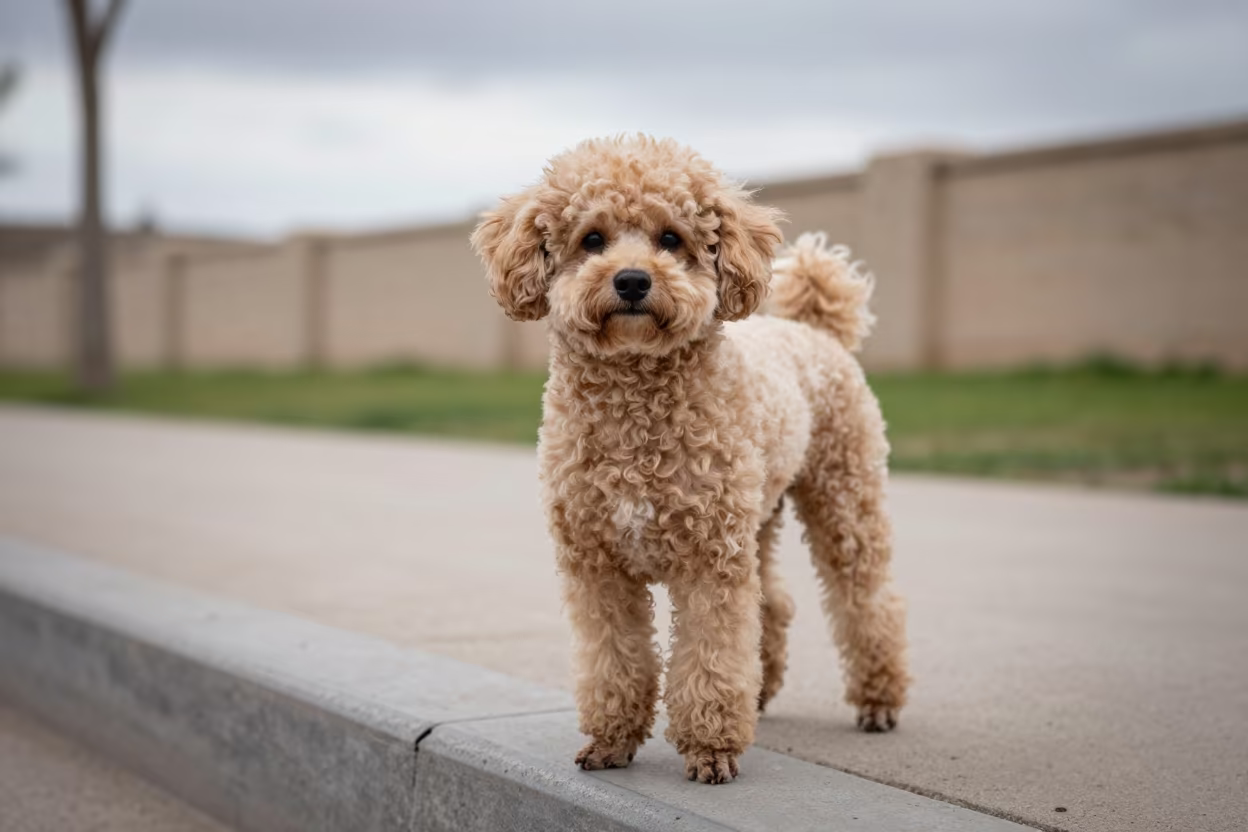 Teacup Poodle Portrait on Ramadi Park Path in along a quiet park path with soft open shade and a clean background near Ramadi