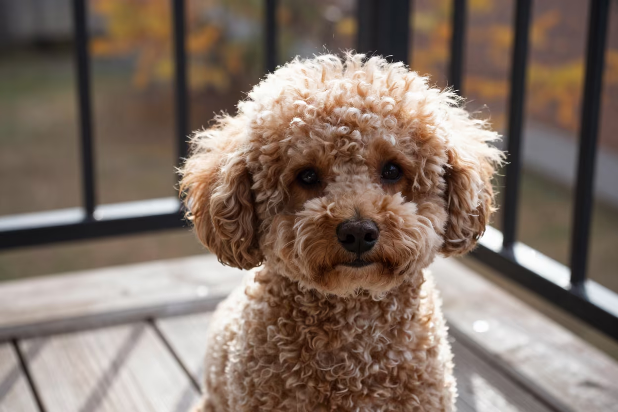 Teacup Poodle Portrait on Shaded Bahawalpur Porch in on a shaded front porch with boards, railings, and eye-level framing near Bahawalpur