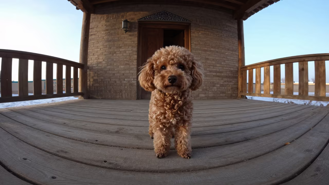 Teacup Poodle Portrait on Shaded Mazar-i-Sharif Porch in on a shaded front porch with boards, railings, and eye-level framing in Mazar-i-Sharif