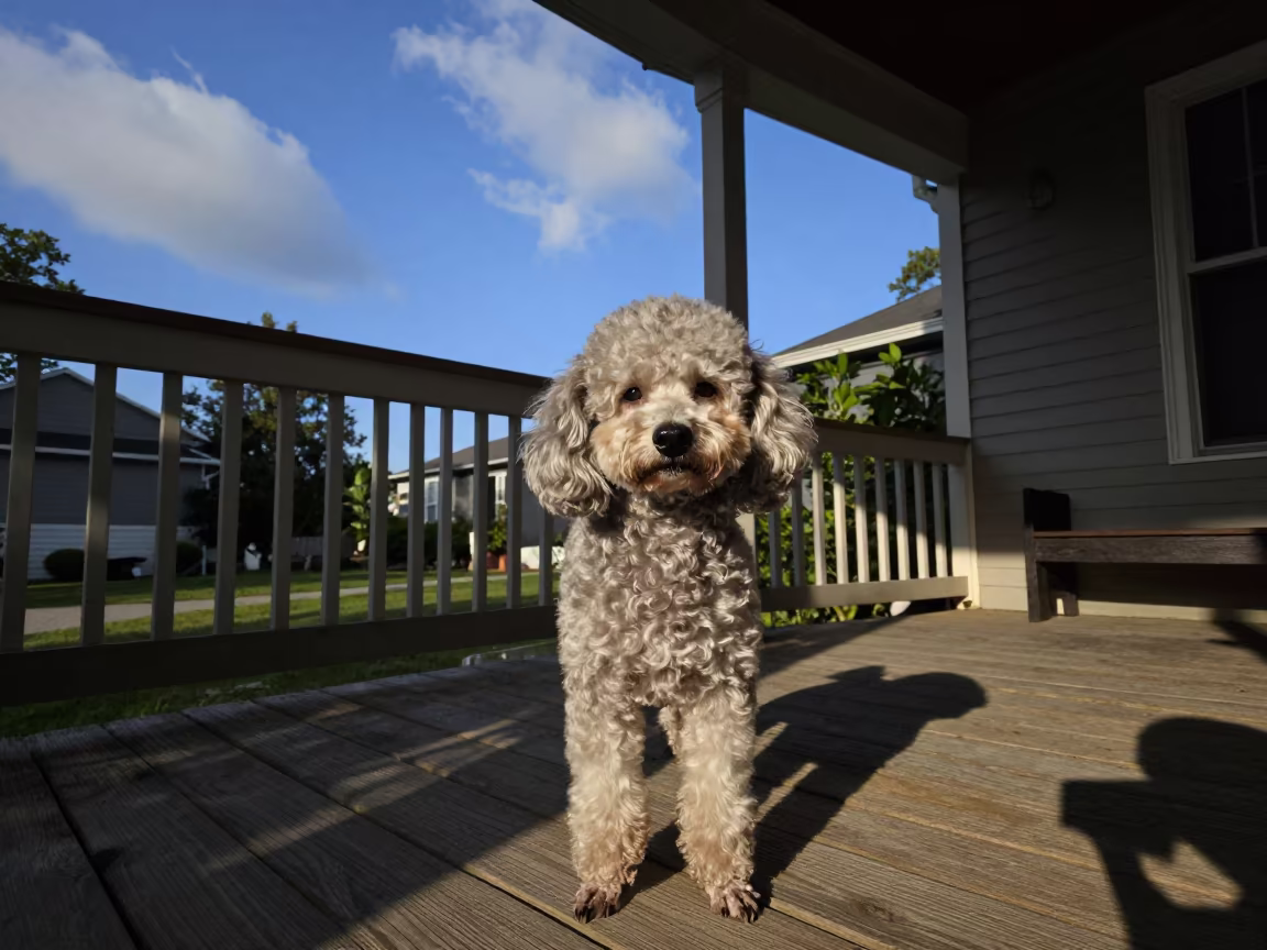Teacup Poodle Portrait on Shaded Muscat Porch in on a shaded front porch with boards, railings, and eye-level framing near Muscat