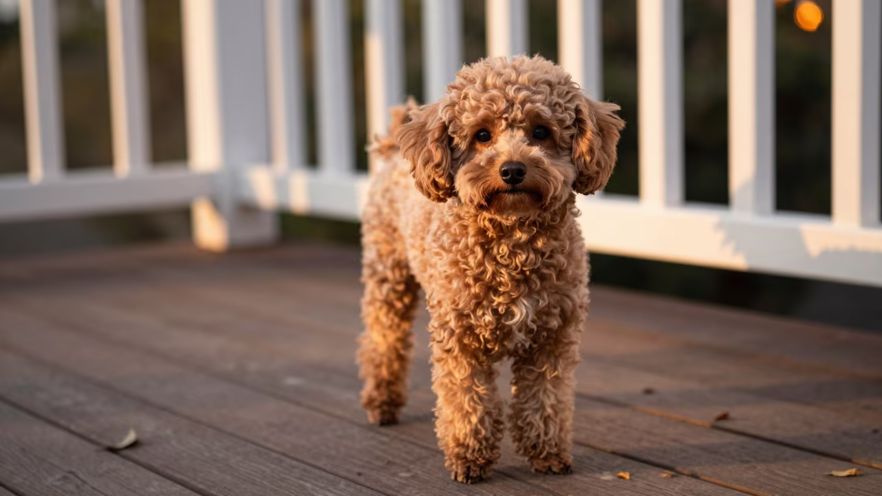 Teacup Poodle Portrait on Shaded Porch in Evening in on a shaded front porch with boards, railings, and eye-level framing near Cagliari