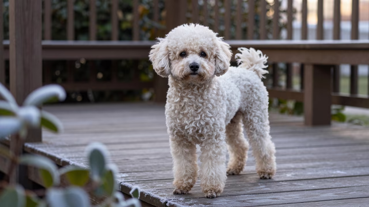 Teacup Poodle Portrait on Shaded Rehovot Porch in on a shaded front porch with boards, railings, and eye-level framing near Rehovot