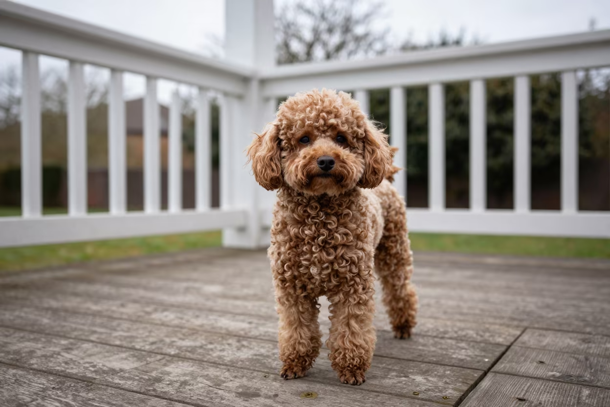 Teacup Poodle Portrait on Shaded Stoke-on-Trent Porch in on a shaded front porch with boards, railings, and eye-level framing in Stoke-on-Trent