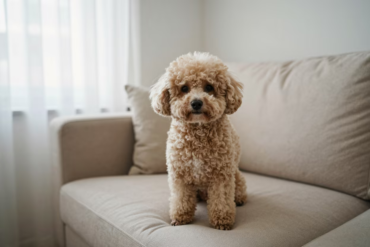 Teacup Poodle Portrait on Sofa by Window in on a sofa near a curtained window with calm indoor light in Perth