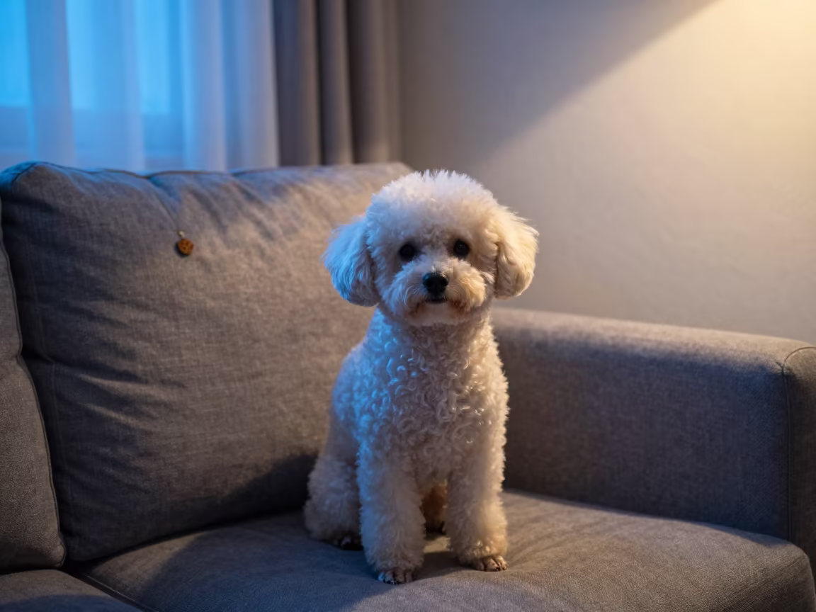 Teacup Poodle Portrait on Sofa in Evening Light in on a sofa near a curtained window with calm indoor light near Chatham-Kent