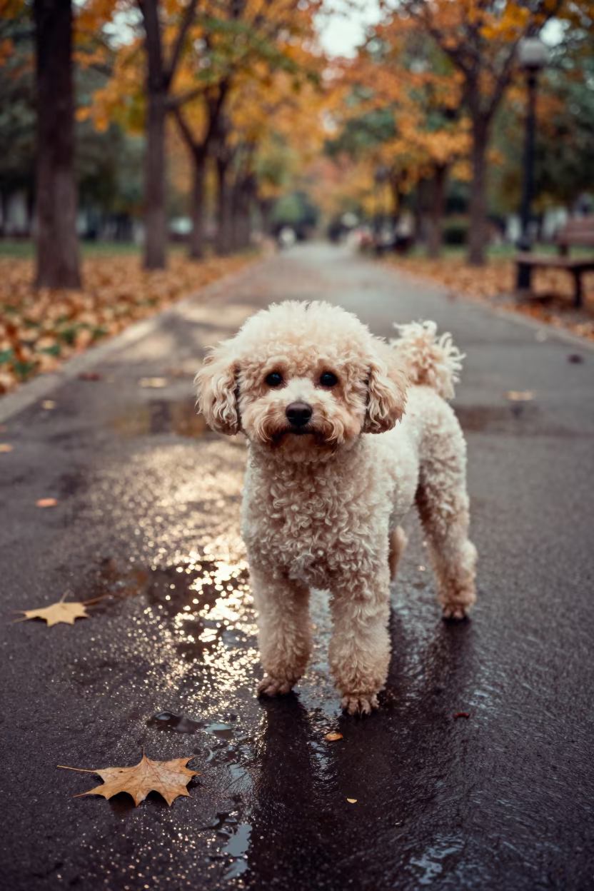 Teacup Poodle Portrait on Tianjin Park Path in along a quiet park path with soft open shade and a clean background in Tianjin