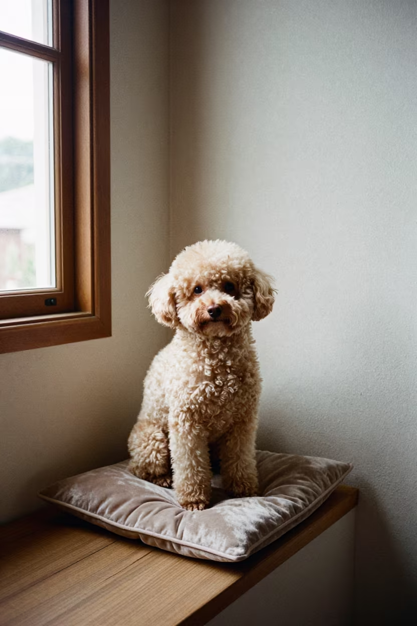 Teacup Poodle Portrait on Window Seat Antsirabe in on a cushioned window seat with soft side light and an uncluttered background near Antsirabe