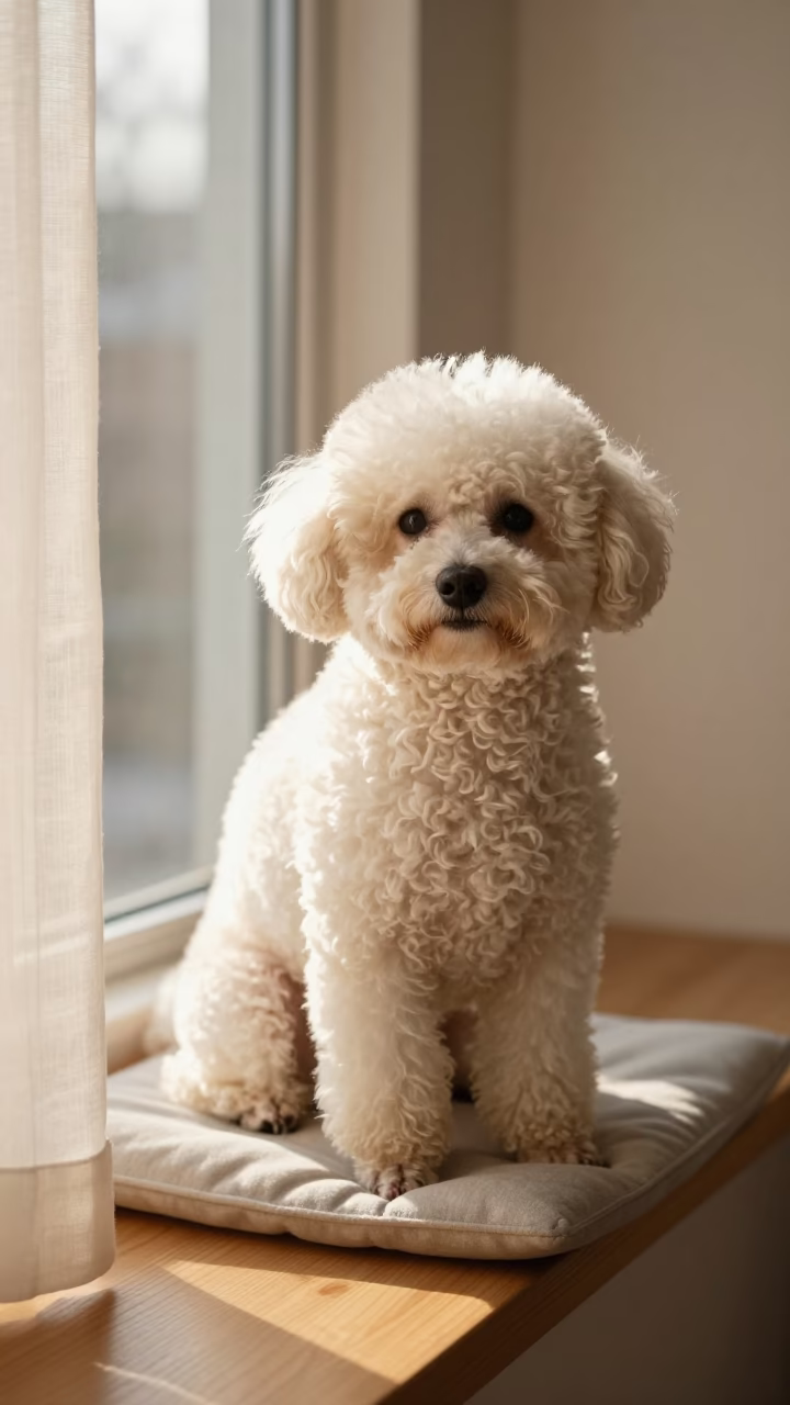 Teacup Poodle Portrait on Window Seat in on a cushioned window seat with soft side light and an uncluttered background near Vancouver