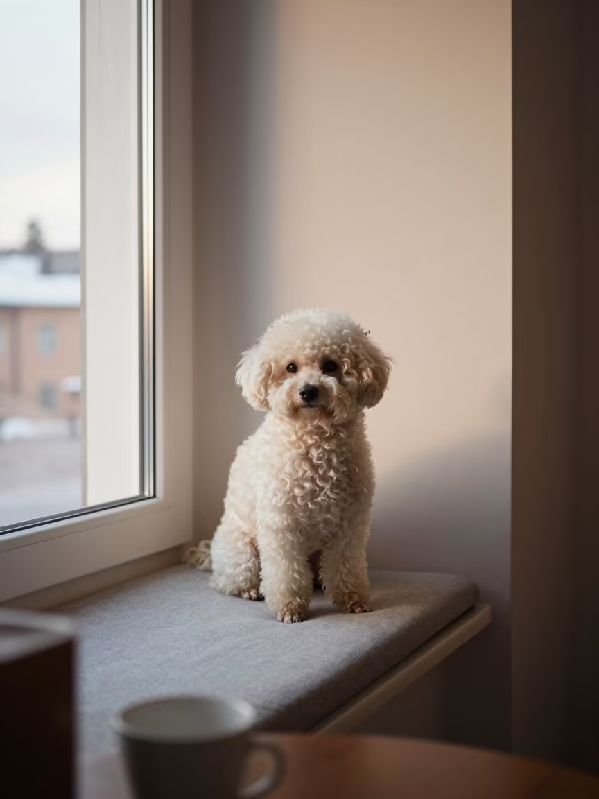 Teacup Poodle Portrait on Window Seat Helsinki in on a cushioned window seat with soft side light and an uncluttered background in Helsinki