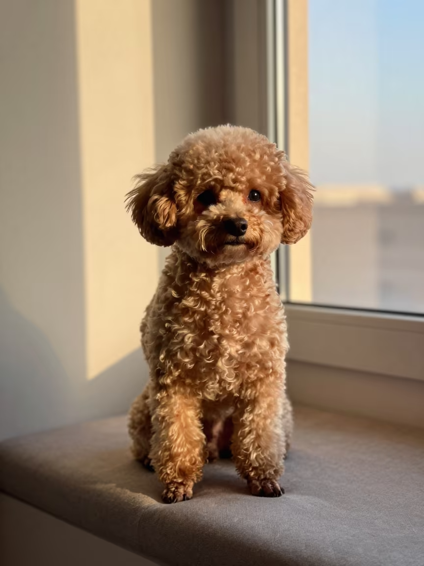 Teacup Poodle Portrait on Window Seat in Al Ain in on a cushioned window seat with soft side light and an uncluttered background in Al Ain