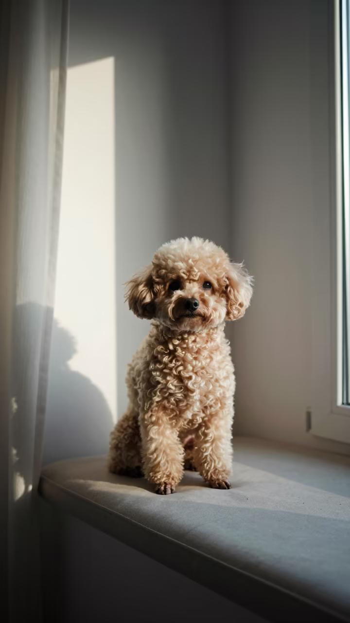 Teacup Poodle Portrait on Window Seat in Atbarah in on a cushioned window seat with soft side light and an uncluttered background in Atbarah
