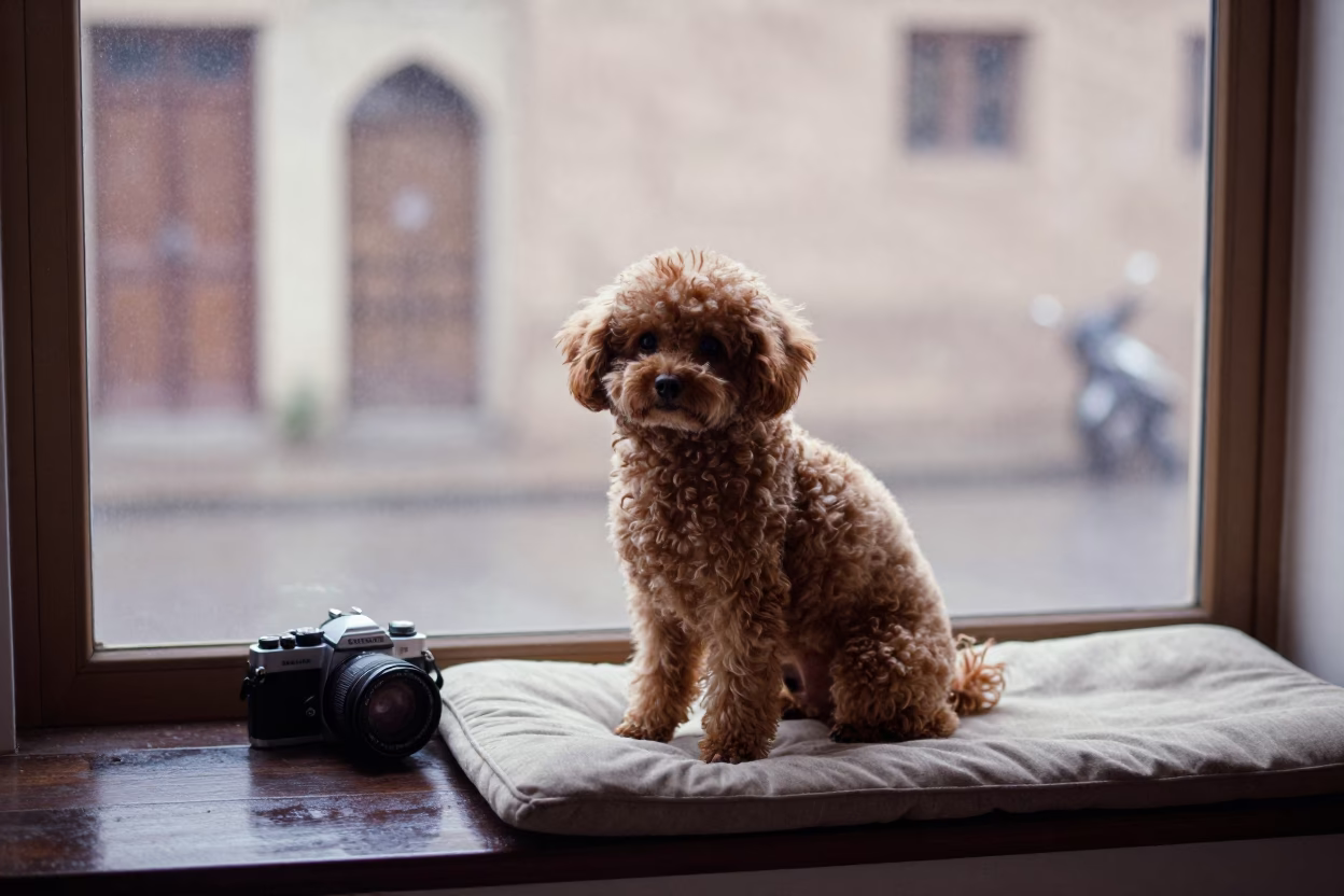 Teacup Poodle Portrait on Window Seat in Baqubah in on a cushioned window seat with soft side light and an uncluttered background in Baqubah