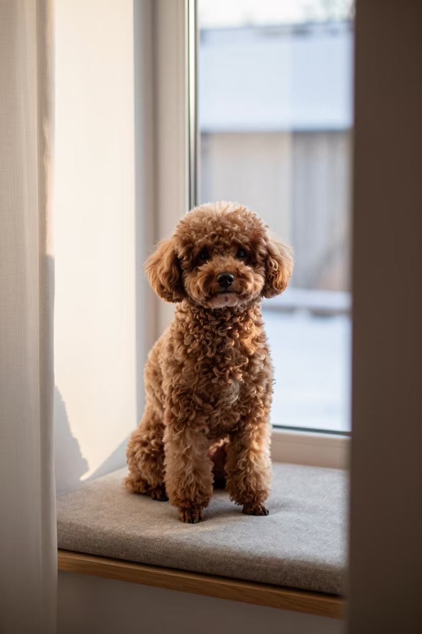 Teacup Poodle Portrait on Window Seat in Changchun in on a cushioned window seat with soft side light and an uncluttered background in Changchun