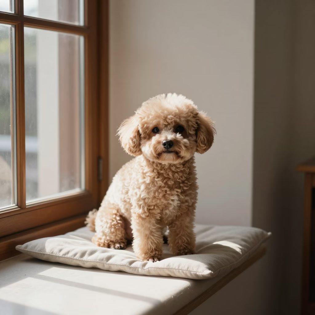 Teacup Poodle Portrait on Window Seat in Cotonou in on a cushioned window seat with soft side light and an uncluttered background in Cotonou