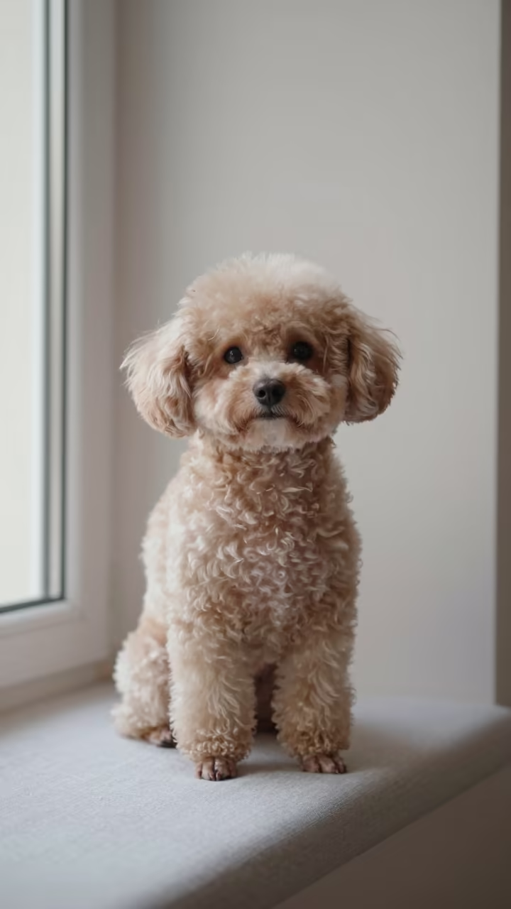 Teacup Poodle Portrait on Window Seat in Kampala in on a cushioned window seat with soft side light and an uncluttered background in Kampala