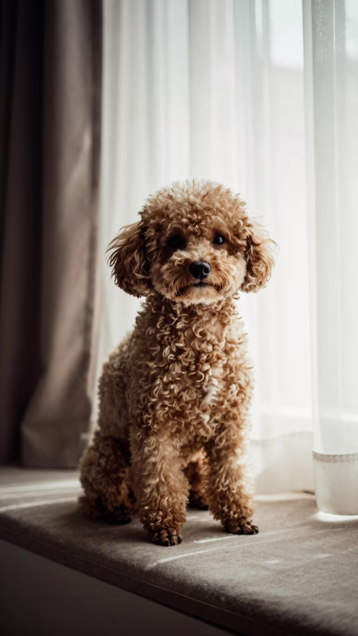 Teacup Poodle Portrait on Window Seat in Palma in on a cushioned window seat with soft side light and an uncluttered background in Palma