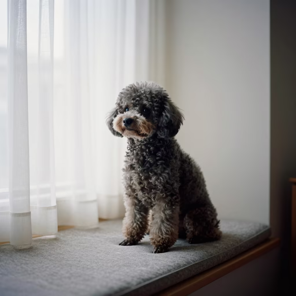 Teacup Poodle Portrait on Window Seat in Soubré in on a cushioned window seat with soft side light and an uncluttered background in Soubré