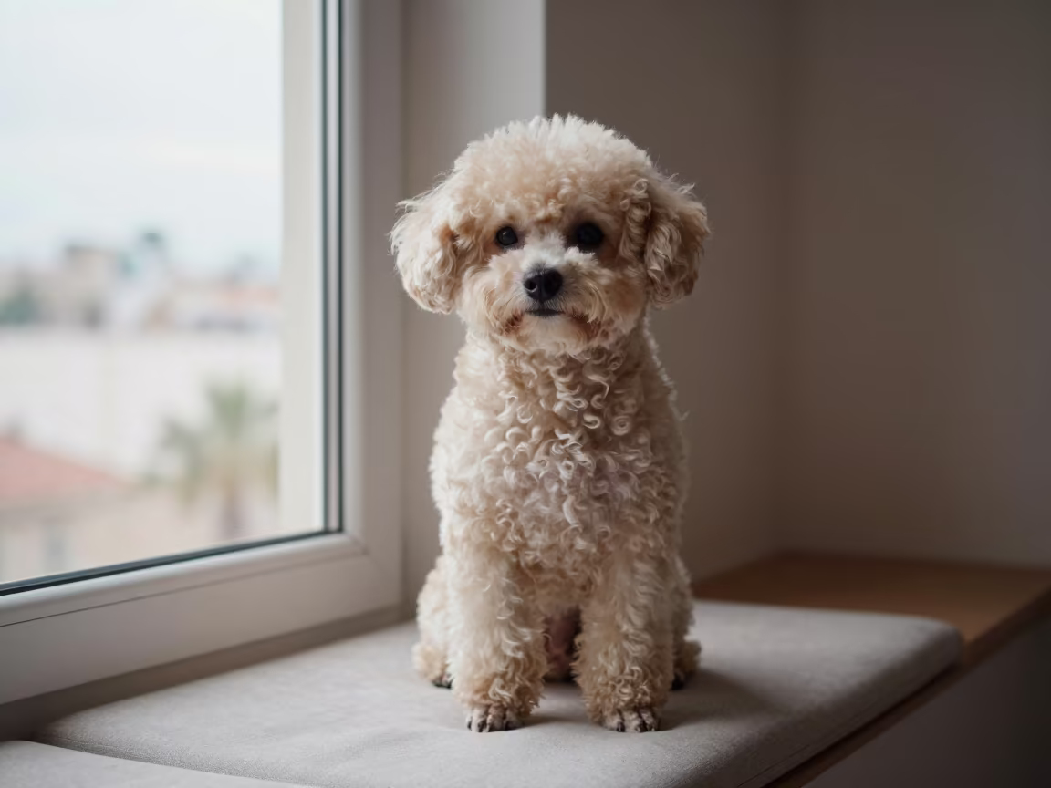 Teacup Poodle Portrait on Window Seat in Uruguay in on a cushioned window seat with soft side light and an uncluttered background in Ciudad de la Costa