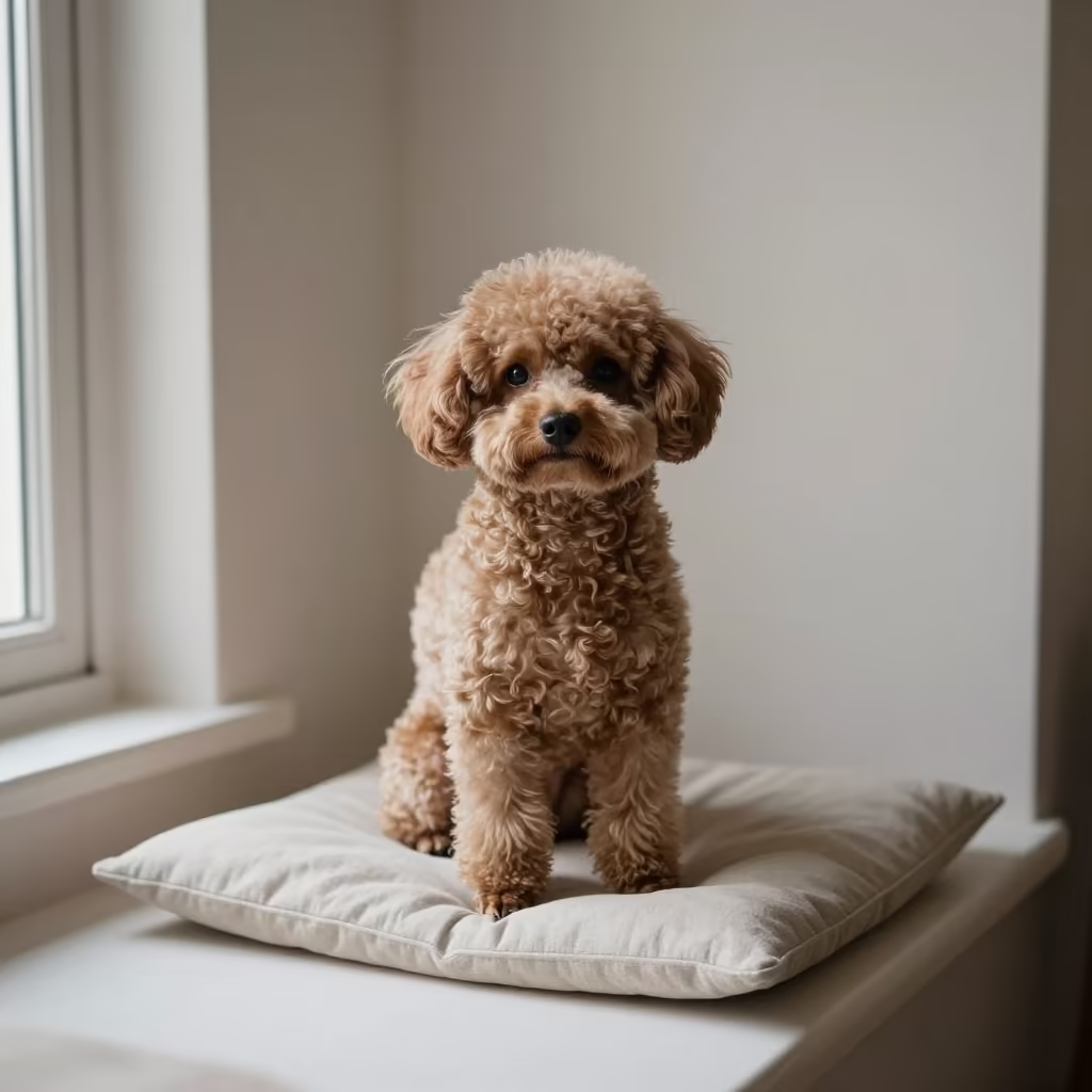 Teacup Poodle Portrait on Window Seat in Vicenza in on a cushioned window seat with soft side light and an uncluttered background in Vicenza