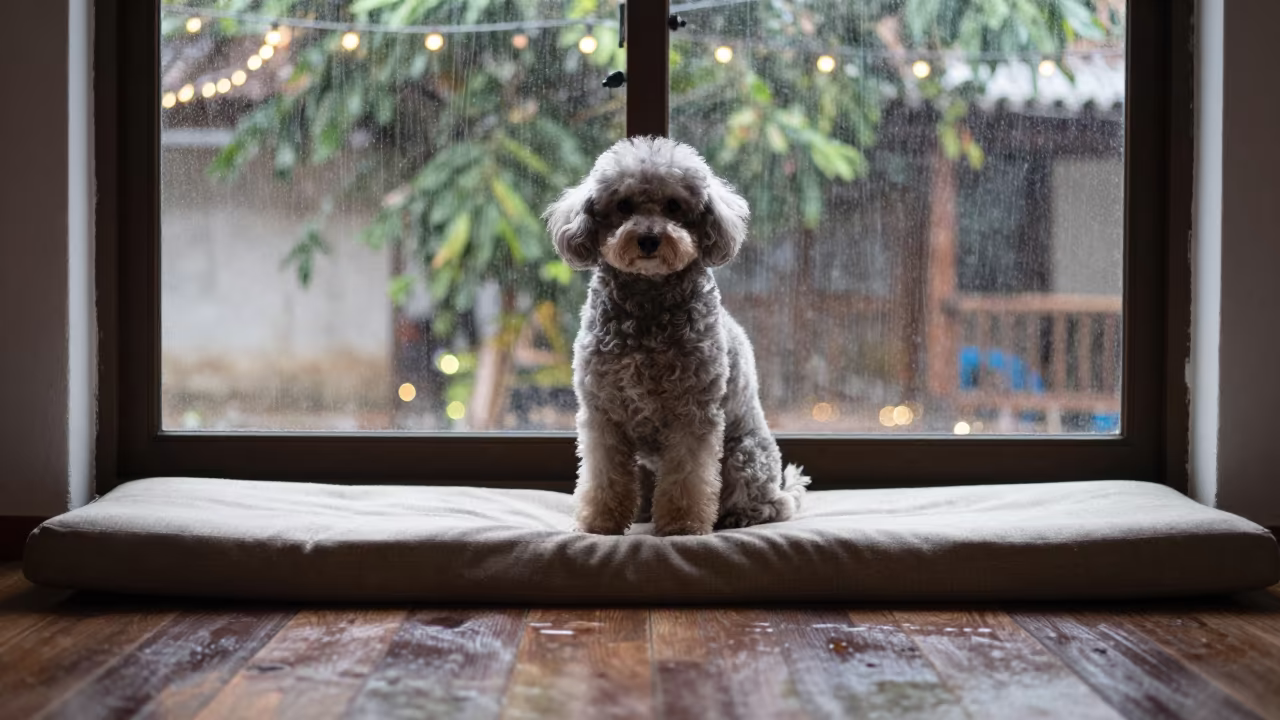 Teacup Poodle Portrait on Window Seat Santa Marta in on a cushioned window seat with soft side light and an uncluttered background near Santa Marta