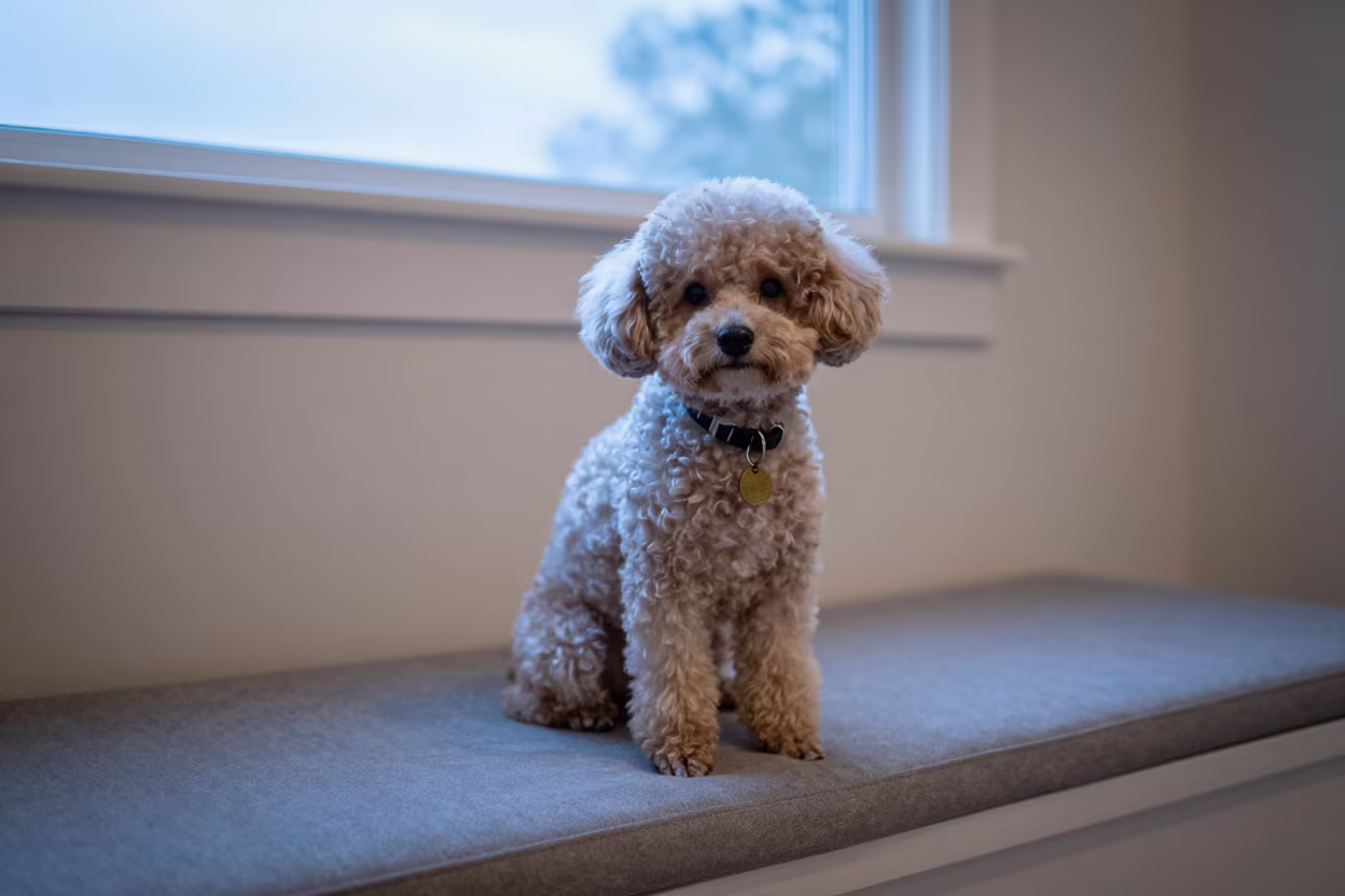 Teacup Poodle Portrait on Window Seat Twilight in on a cushioned window seat with soft side light and an uncluttered background near Cali