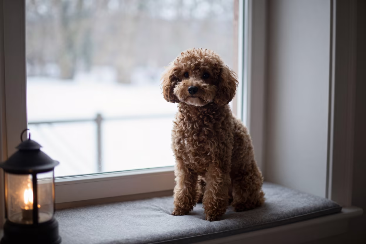 Teacup Poodle Portrait on Winter Window Seat in on a cushioned window seat with soft side light and an uncluttered background in Plymouth