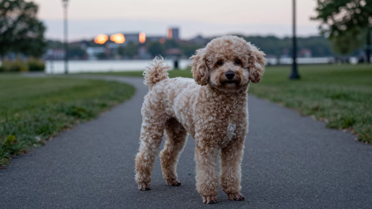 Teacup Poodle Portrait Quiet Park Path Burlington in along a quiet park path with soft open shade and a clean background in Burlington