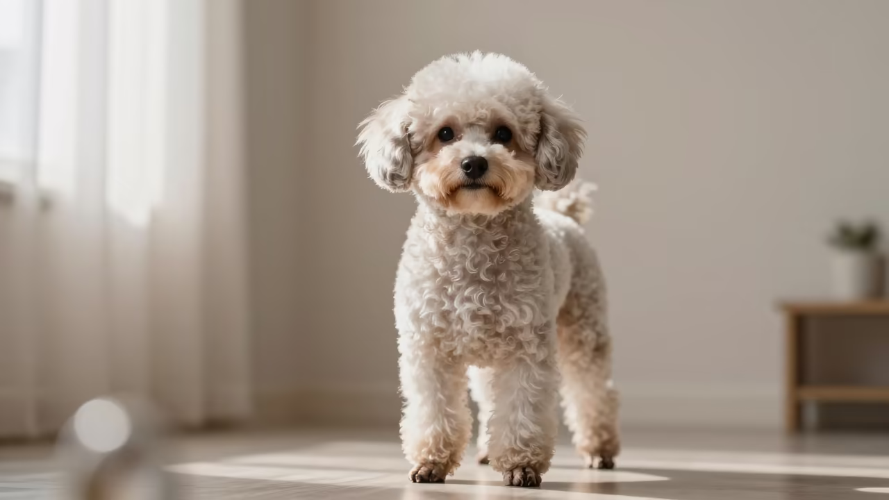 Teacup Poodle Portrait Soft Light Kafr el-Dawwar in beside a plain plaster wall in soft indoor light with the animal centered in frame in Kafr el-Dawwar